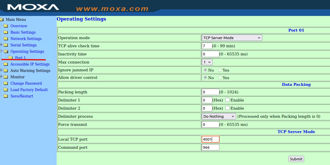 Configuration TCP Moxa