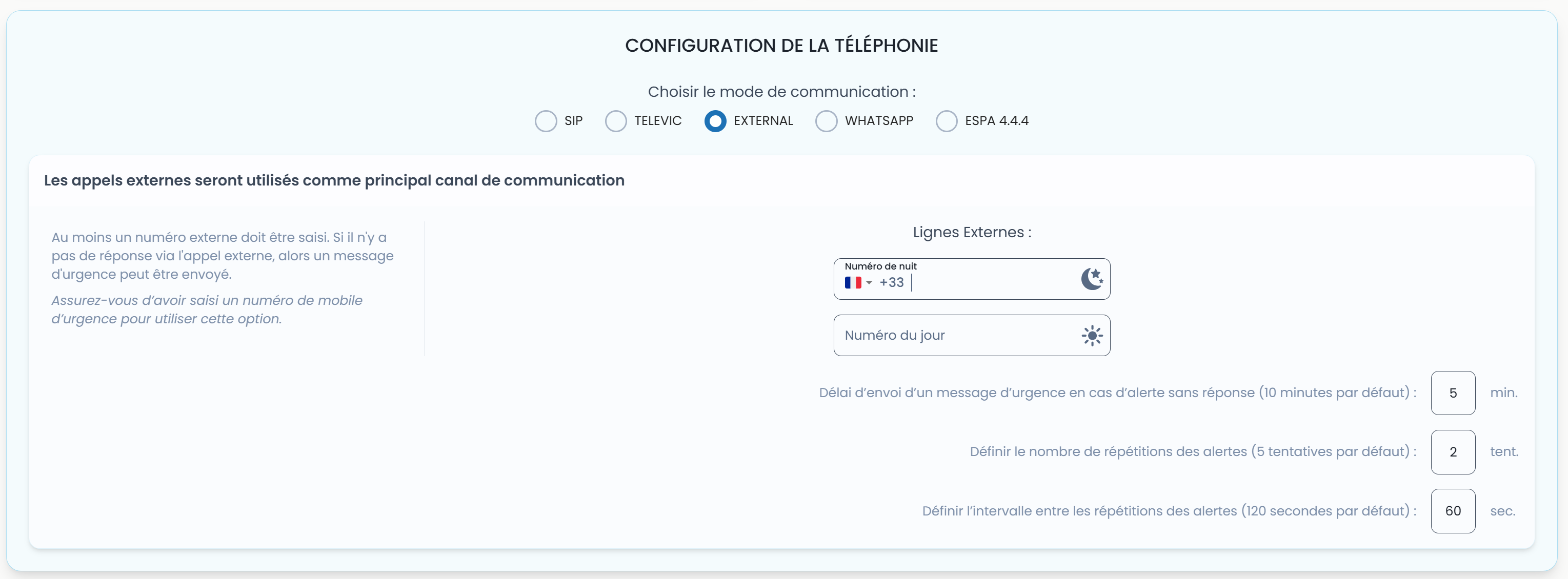 Configuration appel externe