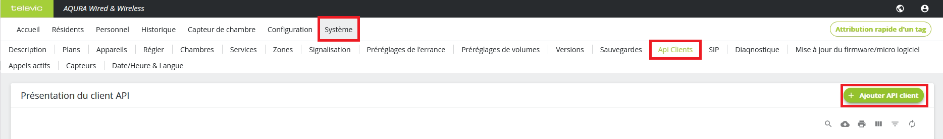 Menu Système > API client